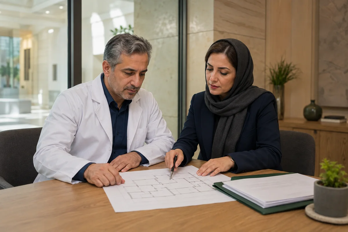 تصویر مفهومی گفتوگوی پزشک و مشاور برای بررسی فرصت سرمایهگذاری در مرکز سلامت؛ ساختهشده با هوش مصنوعی